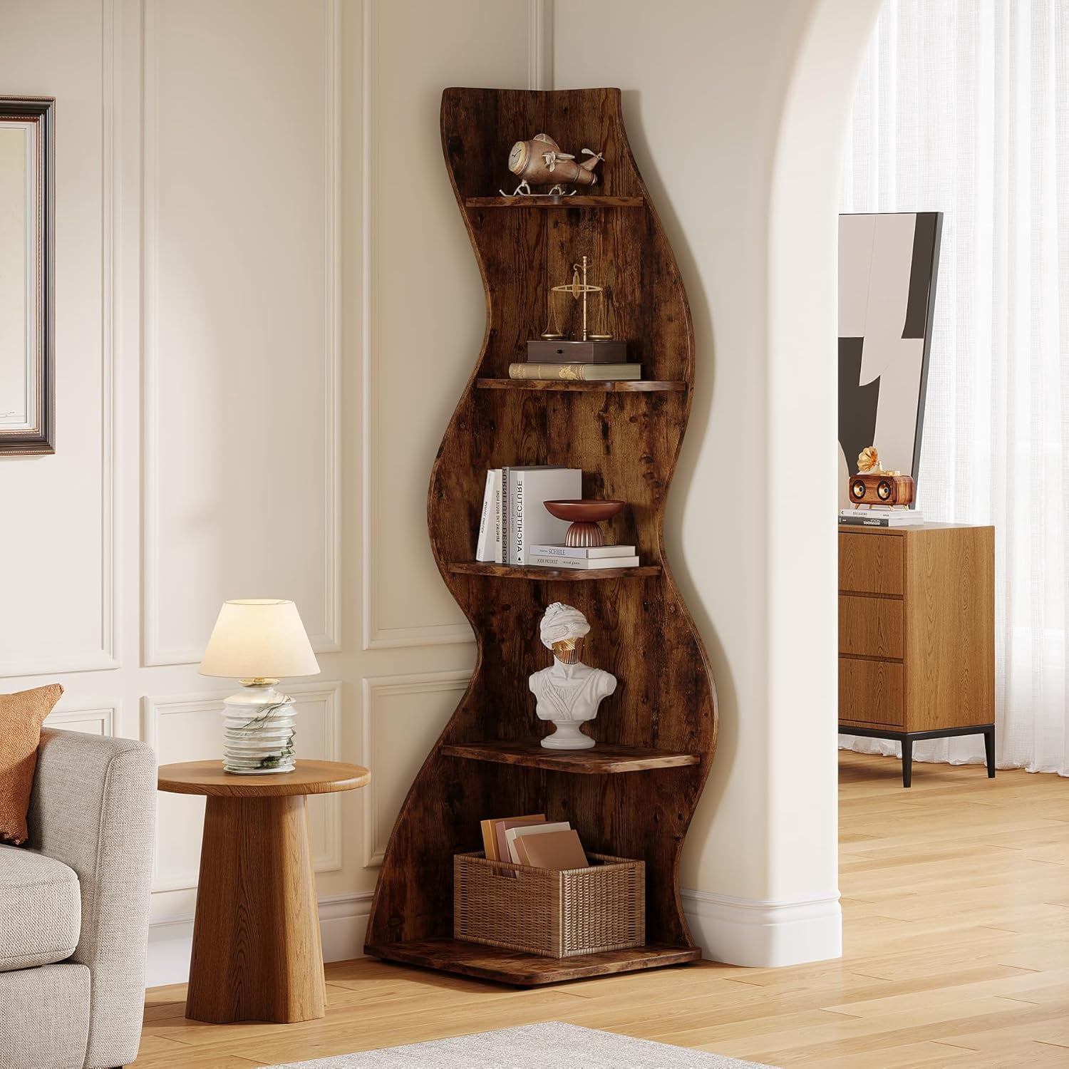 Tribesigns Small Corner Shelf, 5-Tier Modern Corner Bookcase for Small Space, Living Room (Brown)