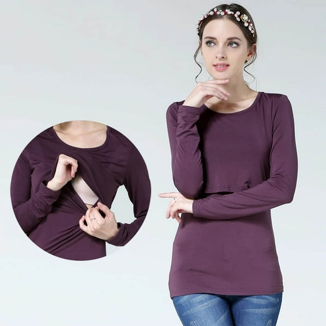 TopLLC Femmes Mode Confortable Uni T-Shirt Blouse à Manches Longues Col Rond Hauts Décontractés Blouse pour Femmes Enceintes