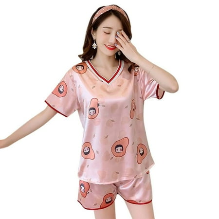 

Women Summer Short-sleeve Pajamas Sexy V-neck Cute Cartoon Shorts Ice Silk Home Clothing Suit Red 2XL