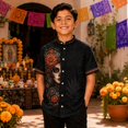 thumbnail image 2 of Boys Short Sleeve Button Down Shirt Day Of Dead Mexican Print Collar Casual Top For Halloween School Outdoor, 2 of 5