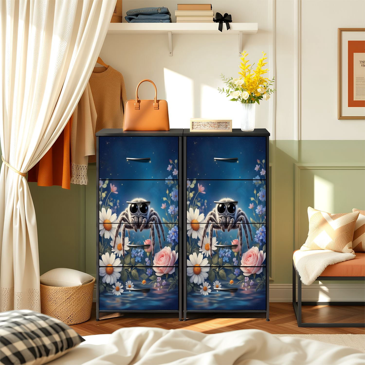 Gothic Dresser for Bedroom with 4 Storage Drawers Cute Furry Jumping Spiders Soft Pastel Flowers Dressers Chest of Drawers Steel Framed Fabric Closet Organizers for Dorm Entryway