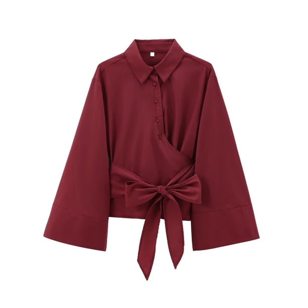 TRAF-blusa Kimono de manga larga para mujer, camisa con pajarita, botón frontal, Tops elegantes, moda