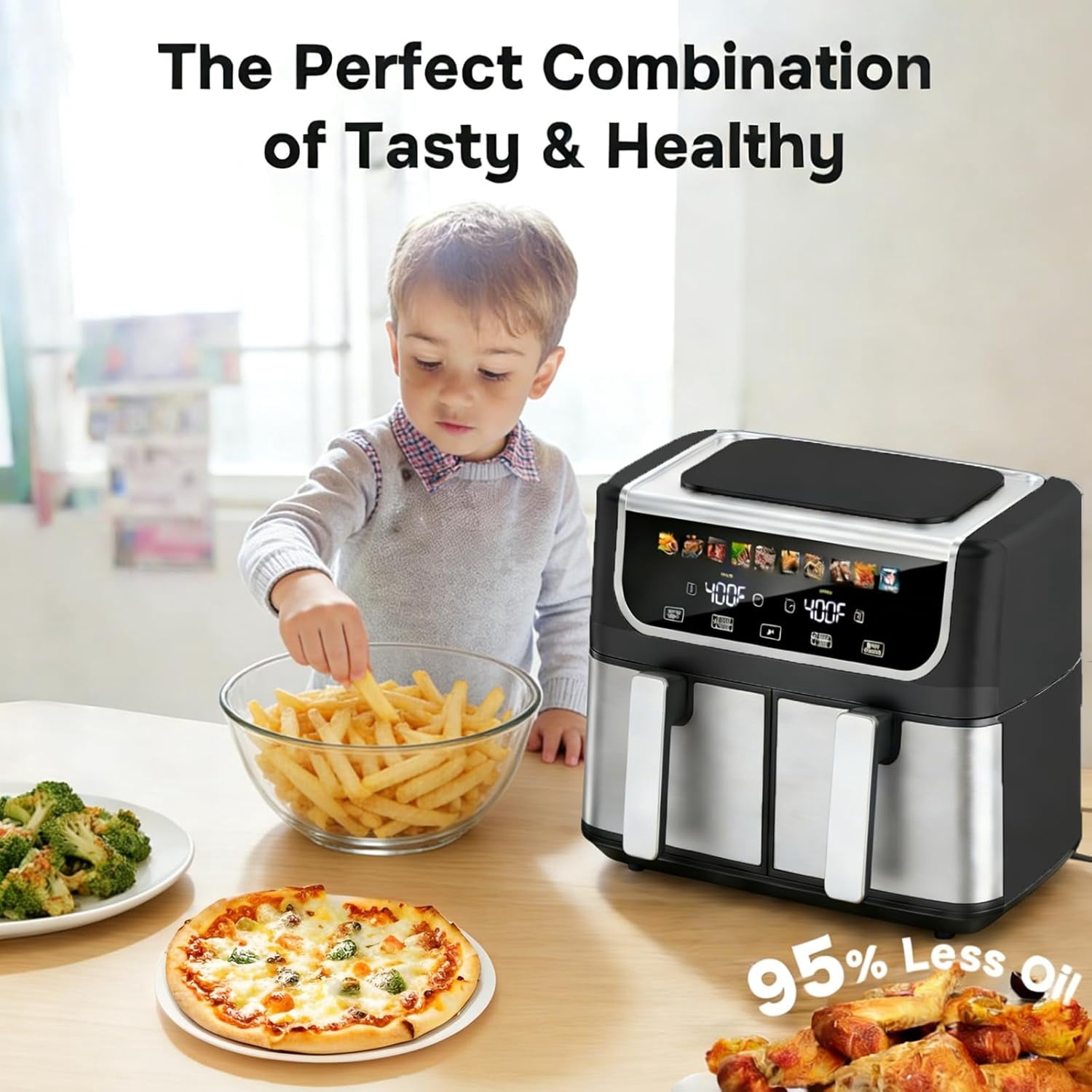 VANECL 9.5QT Dual Basket Air Fryer, Independent Temp Control, Sync Setting, Shake Reminder, 10 Presets: Bake/Roast/Broil/Dehydrate, Black