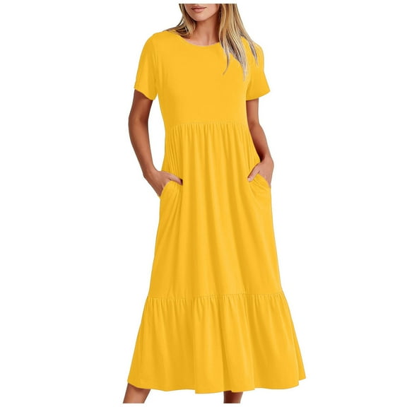 Summer Casual Dresses for Women Loose Short Sleeve Midi Dress Tiered Ruffle Long Dress with Pockets Solid Color