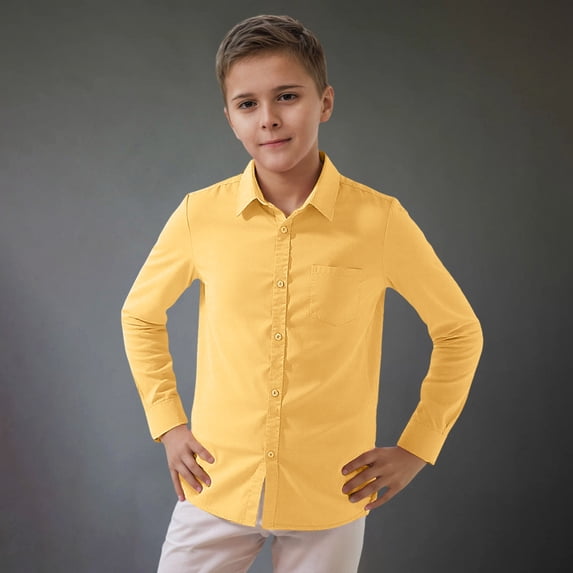 Rhuody Boy'S Tops Child Shirt Solid Color Long Sleeve Toddler Kids Gentleman Lapel Button Tops Charm Clothes Yellow 4-5 Years