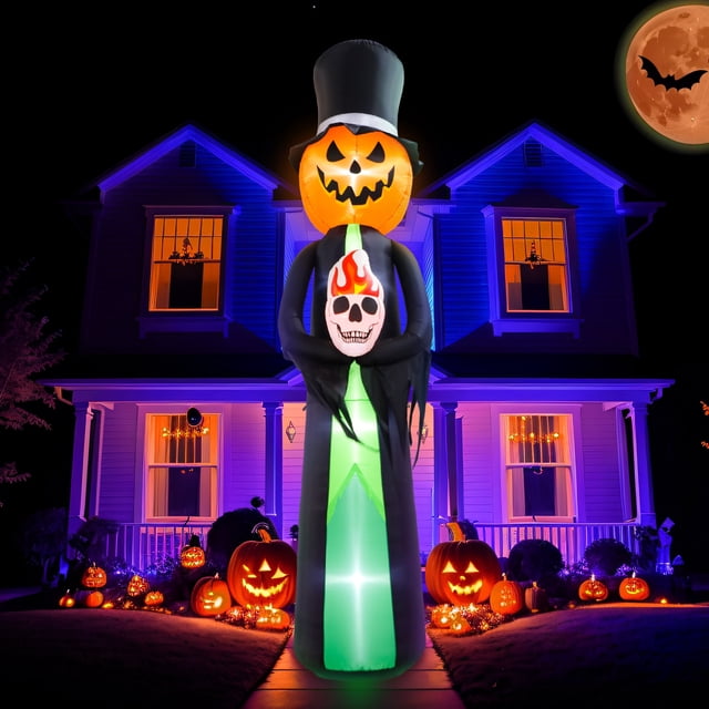 OurWarm 12Ft Giant Halloween Inflatables Pumpkin Skeleton Halloween Decorations Blow Up with LED Light Inflatables Outdoor Decor