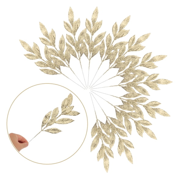 LOLIPPYY 12Pcs Gold Glitter Artificial Leaves Stems for Floral Arrangements and Seasonal Decor