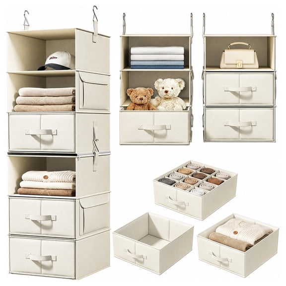 Naeqieo 6-Shelf Hanging Closet Organizer with 3 Drawers, Side Pockets, Foldable Storage Shelves for Clothes, Shoes, Bedroom, Closet, Dorm & RV