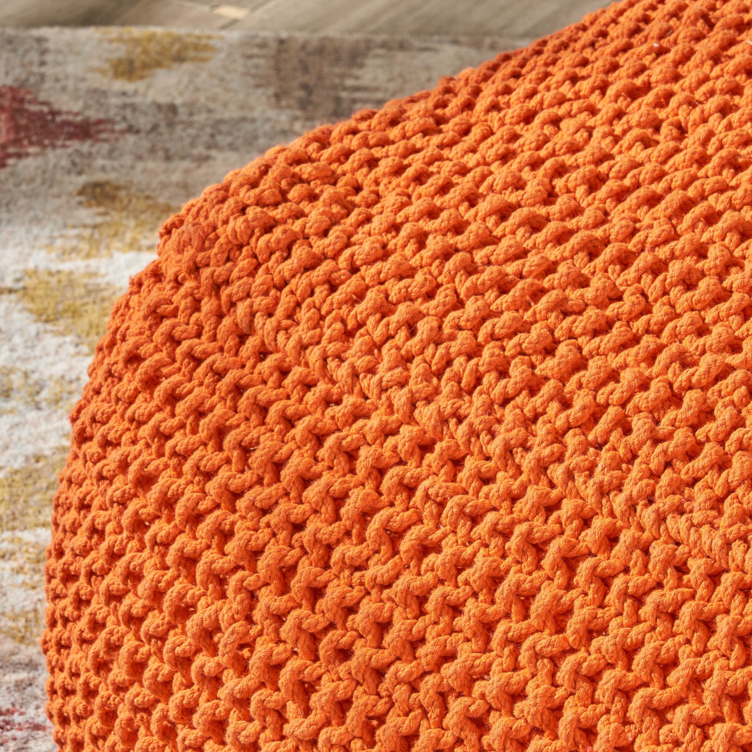 Noble House Knitted Cotton Square Pouf, Orange