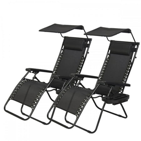 2 Pcs Zero Gravity Chair Lounge Patio Chairs With Canopy Cup