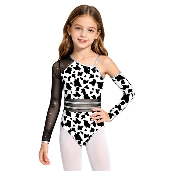 inlzdz Gymnastics Leotards for Girls Caveman Jumpsuit Rhinestones Asymmetric Long Sleeve Bodysuit Black 6