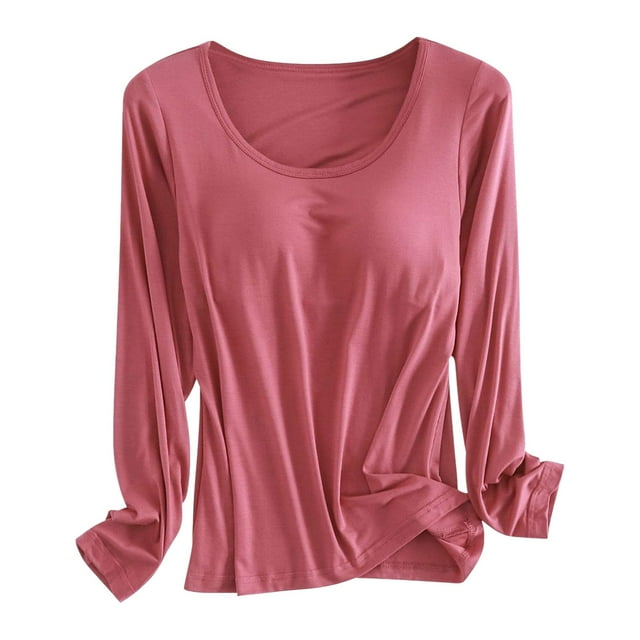 Built In Bra T Shirt For Womens Padded Long Sleeve Tops Active Blouses Soft Pajama Casual Shirts For Workout