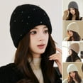 thumbnail image 2 of Kripyery Fall Winter Women Beanie Thickened Knitted Rhinestone Decor Soft Warm Elastic No Brim Solid Color Anti-slip Windproof Lady Dome Cap, 2 of 8
