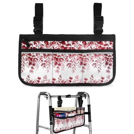 Red Eucalyptus Wheelchair Side Bag Walk Bag Basket, Spring Summer Farmhouse Leaves Watercolor Wheelchair Accessories Armrest Pouch, Organizer Storage Bags for Walkers, Rollators, Scooters, 7.3"x13"