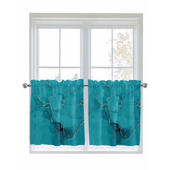 Teal Marble Half Window Curtain 36 Inches Long, Turquoise Marble Crack Abstract Modern Art Window Treatment Curtain Drapes, Small Tier Curtains for Bathroom Over Sink, 27.5"x36", 2 Panels
