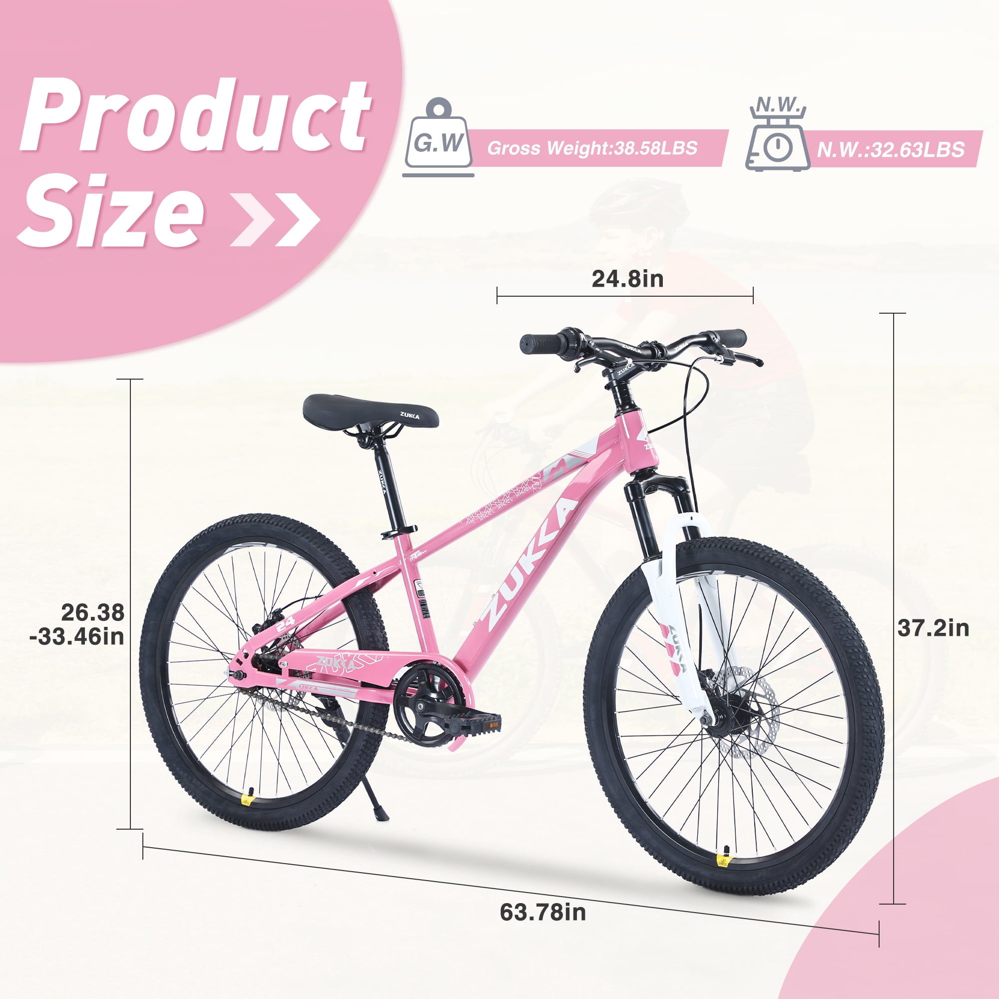 ZUKKA 24 Inch Mountain Bike for Boys and Girls Ages 9-12, Single Speed Kids Bicycle with Suspension Fork and Double Disc Brakes, Adjustable Seat Pink MTB for 56-66 Inch Rider Height