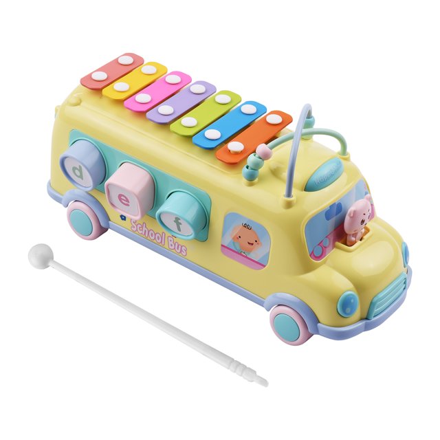Muslady 7-Key Educational Musical Xylophone Toy for Toddlers 6 Months+, PP Material Cartoon Bus-Shaped with Mallet, Yellow/Blue Optional, Early Learning Instrument for Kids, 30*16*10cm Size