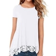 thumbnail image 2 of Qarigey Camiseta de mujer Color sólido Suelta Top básico Encaje Dobladillo hueco Manga corta Blusa de cuello Prendas para la parte del cuerpo Blanco S, 2 of 6