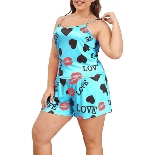 WTXUE Ensembles de Pyjama pour Femme / Ensembles de Pyjama Grande Taille Ensemble de Pyjamas Décontractés Femmes Grande Taille Cœur et Imprimé Haut à Col Rond et Shorts à Taille Élastique Ensemble Deux Pièces / 2 Pcs Bleu 4TG