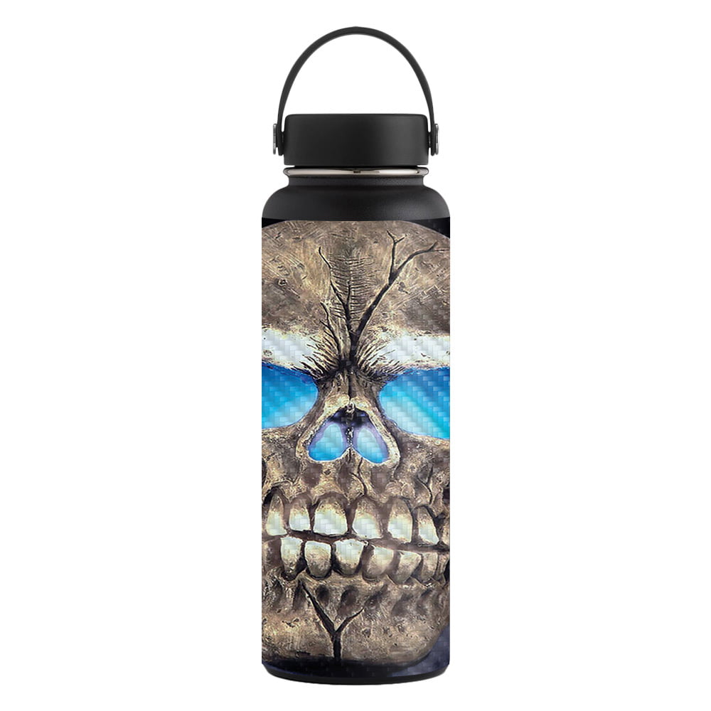 SKULL FLASK 8 oz STAINLESS STEEL SILVER D 15 BLUE FIRE FLAMES 