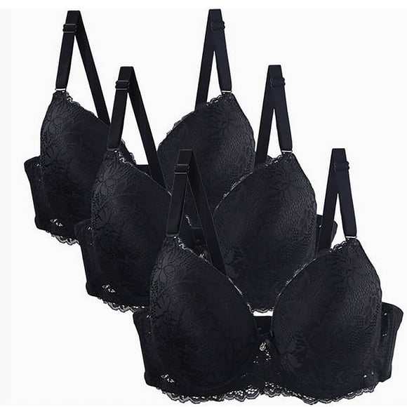 3 Pack Push Up Lace Bras for Women Full Coverage Plus Size Bralettes No Underwire Supportive C Cup Everyday Bras Black, 48/110C