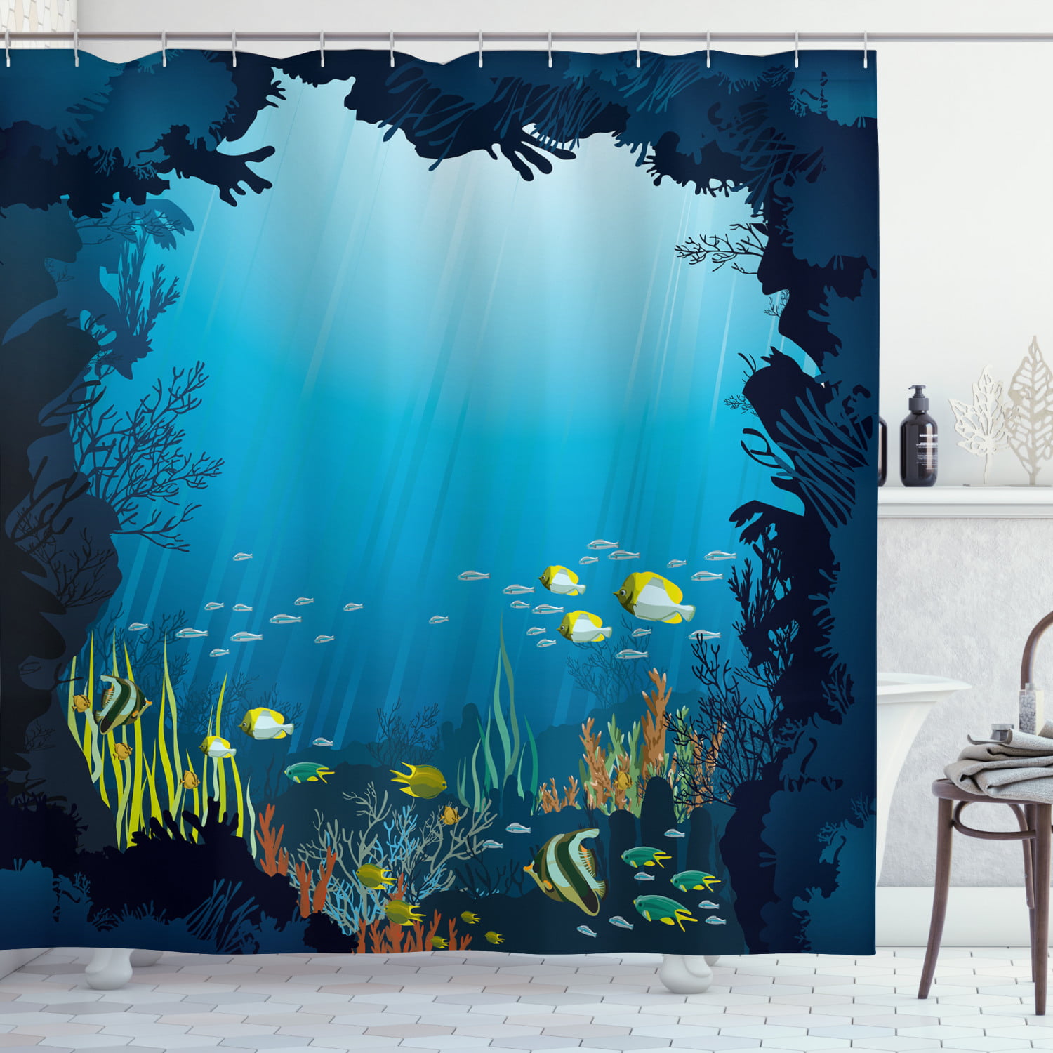 Reef Blue Sea Waterproof Bathroom Polyester Shower Curtain Liner Water Resistant 