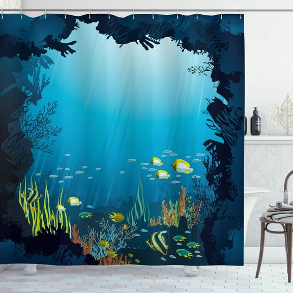 Ambesonne Ocean Shower Curtain, Tropical Fishes and Reefs, 69"Wx75"L, Dark Blue