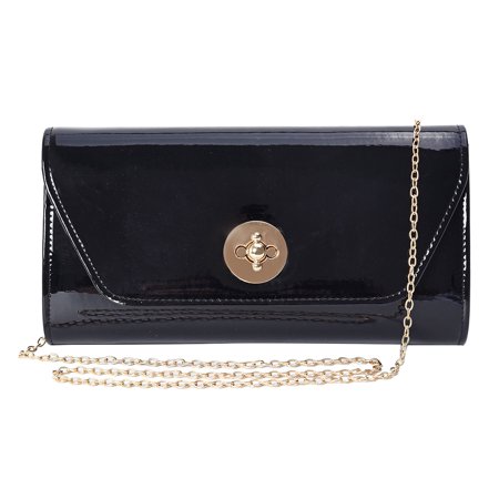 Women Fashion Black Faux Patent Leather Small Size Wallets Clutch Bag Crossbody Bag Shoulder Chain Mothers Day Gifts