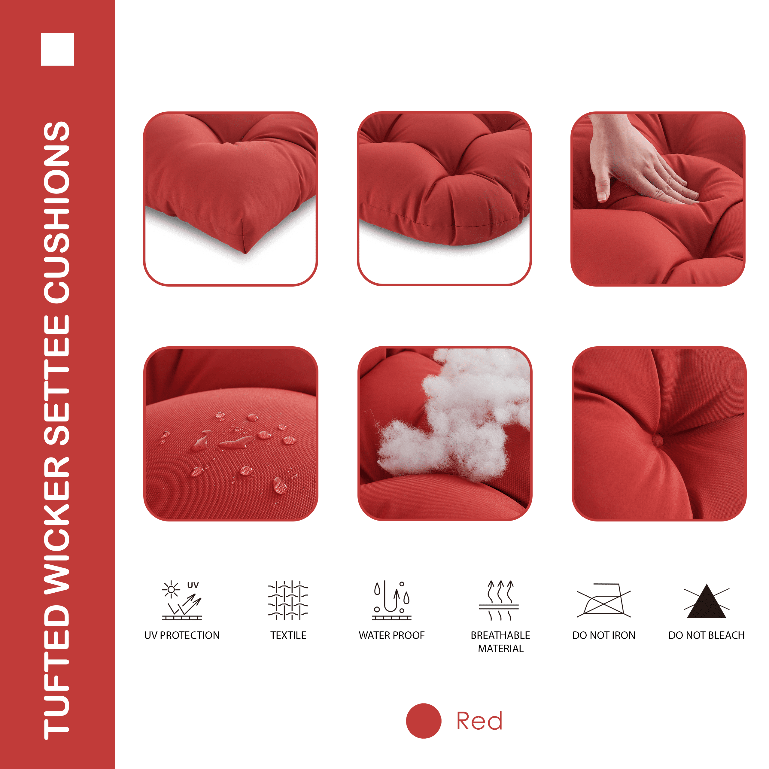 YOOZEKU Outdoor Tufted Wicker Chair Cushions of 3 Pieces, 1 Loveseat and 2 U-Shape All Weather Waterproof Patio Seat Cushions for Wicker Furniture,Bench, Red