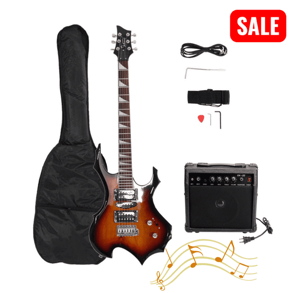 Tcbosik Electric Guitar Kit with 20W Amplifier & Flame Design, Beginner Guitar Set with Bag, Strap, Plectrum, Amp Wire, Tremolo Arm and Wrench Tool, Sunset Color