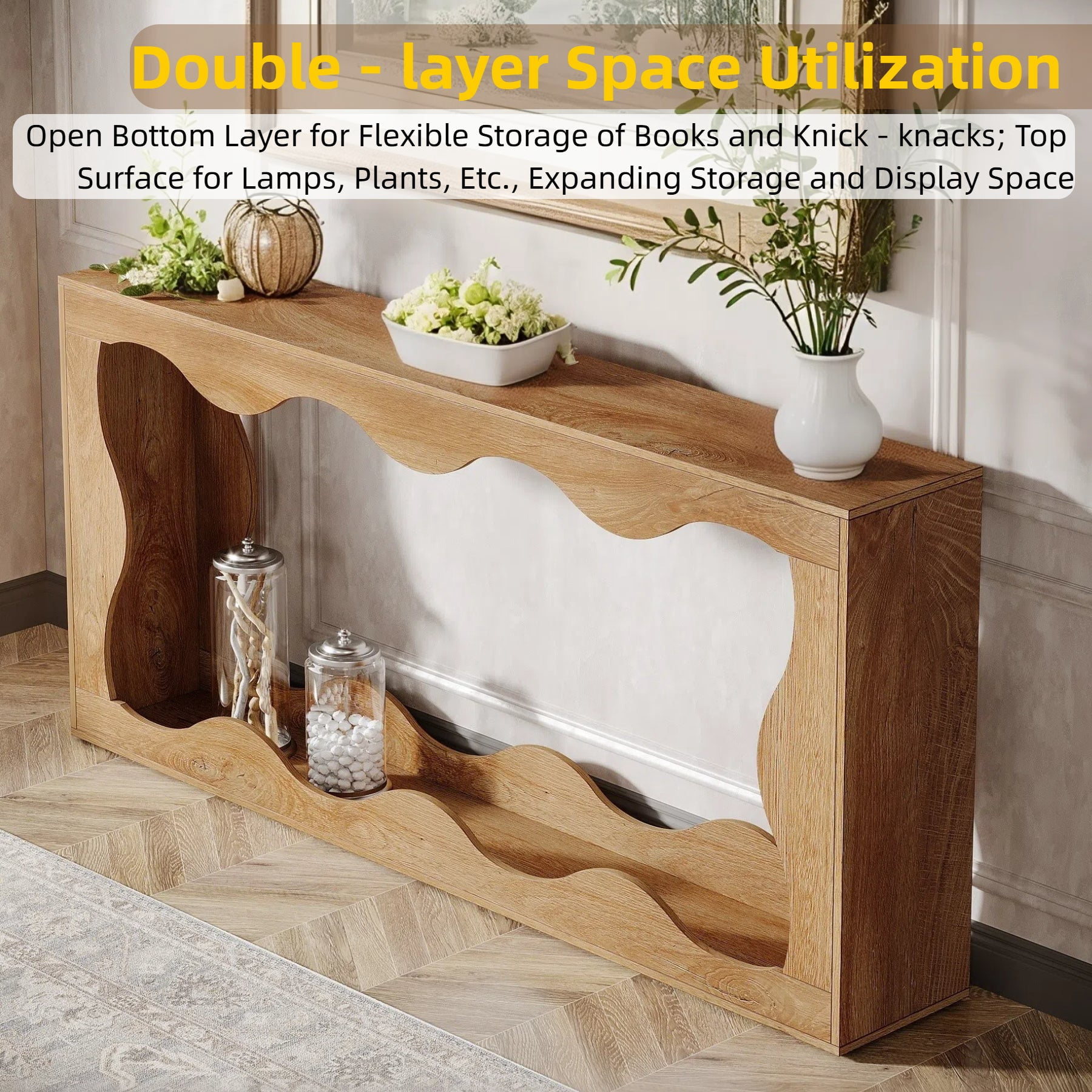 Fnova 63" Long Farmhouse Console Table for Entryway, Wave-Shaped Wood Entryway Table, Sofa Table for Living Room, Light Brown