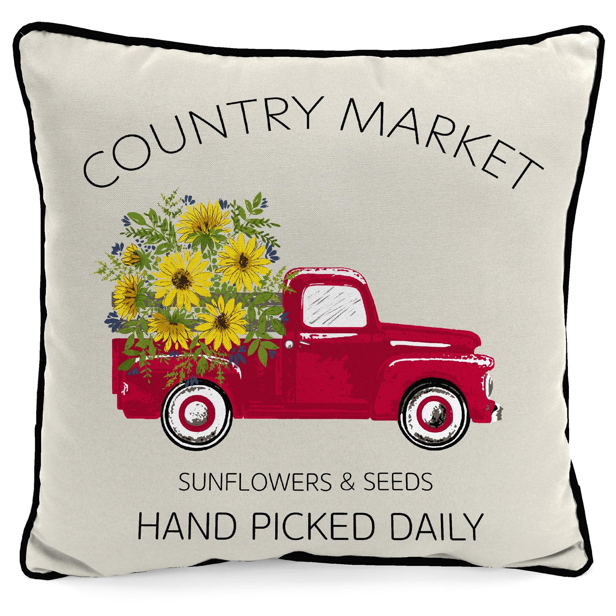 Mainstays Country Market Flower Truck Reversible Outdoor Throw Pillow, 16", Beige Novelty and Plaid