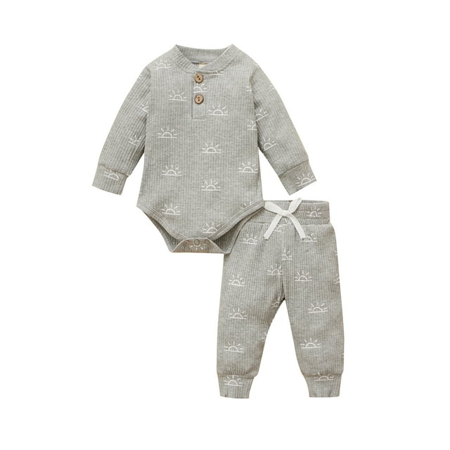 Kmbangi Ensemble 2 Pcs pour Tout-Petit, Barboteuse Soleil à Col Henley à Manches Longues + Pantalon