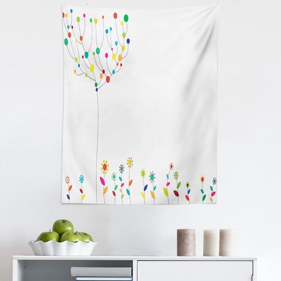 Floral Tapestry, Funky Flowers on the Ground and Circular Blossoms on Tree Branches Spring Print, Fabric Wall Hanging Decor for Bedroom Living Room Dorm, 5 Sizes, Multicolor, by Ambesonne