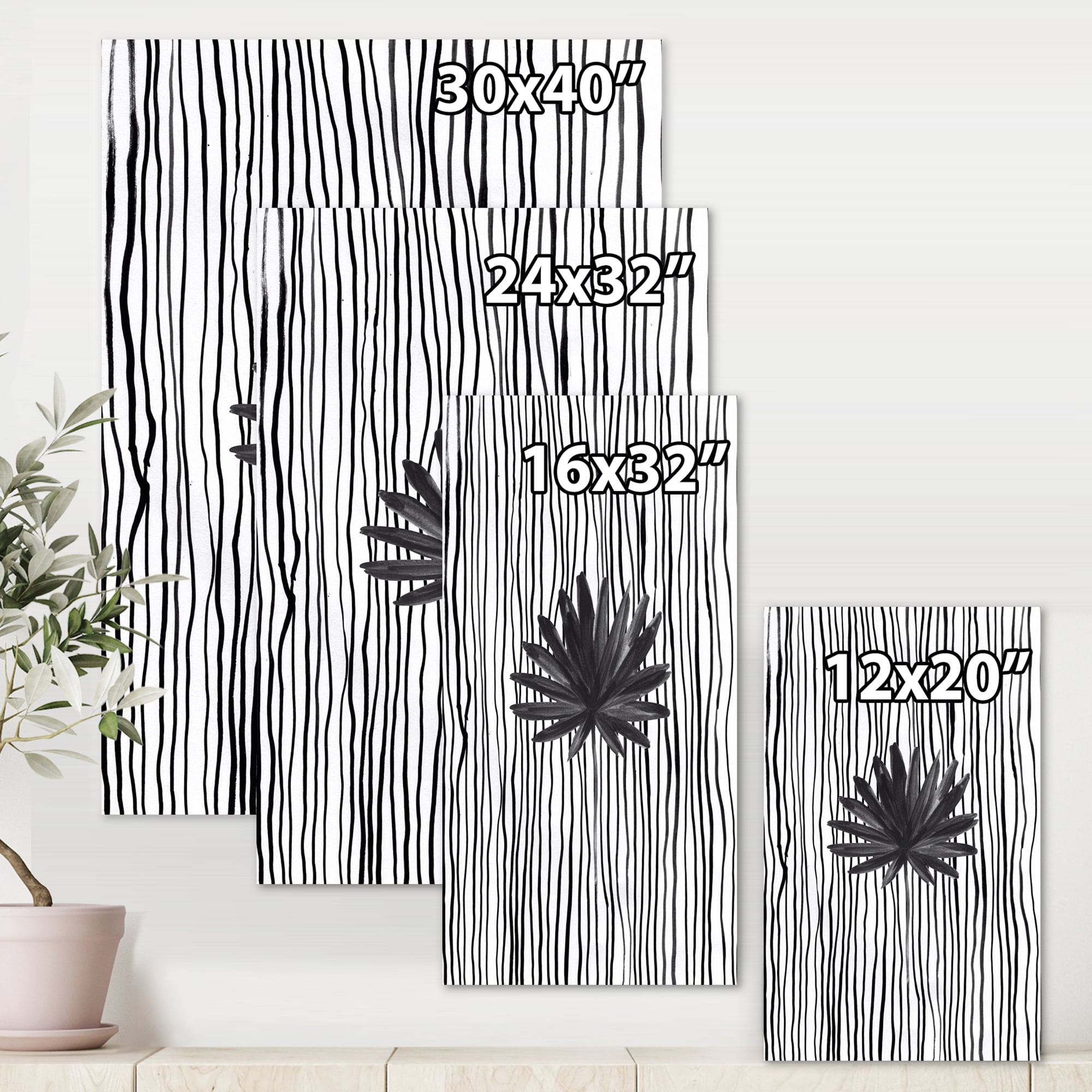 Designart ' Black and White Striped Under Tropical Leaf III ' Modern Canvas Wall Art Print