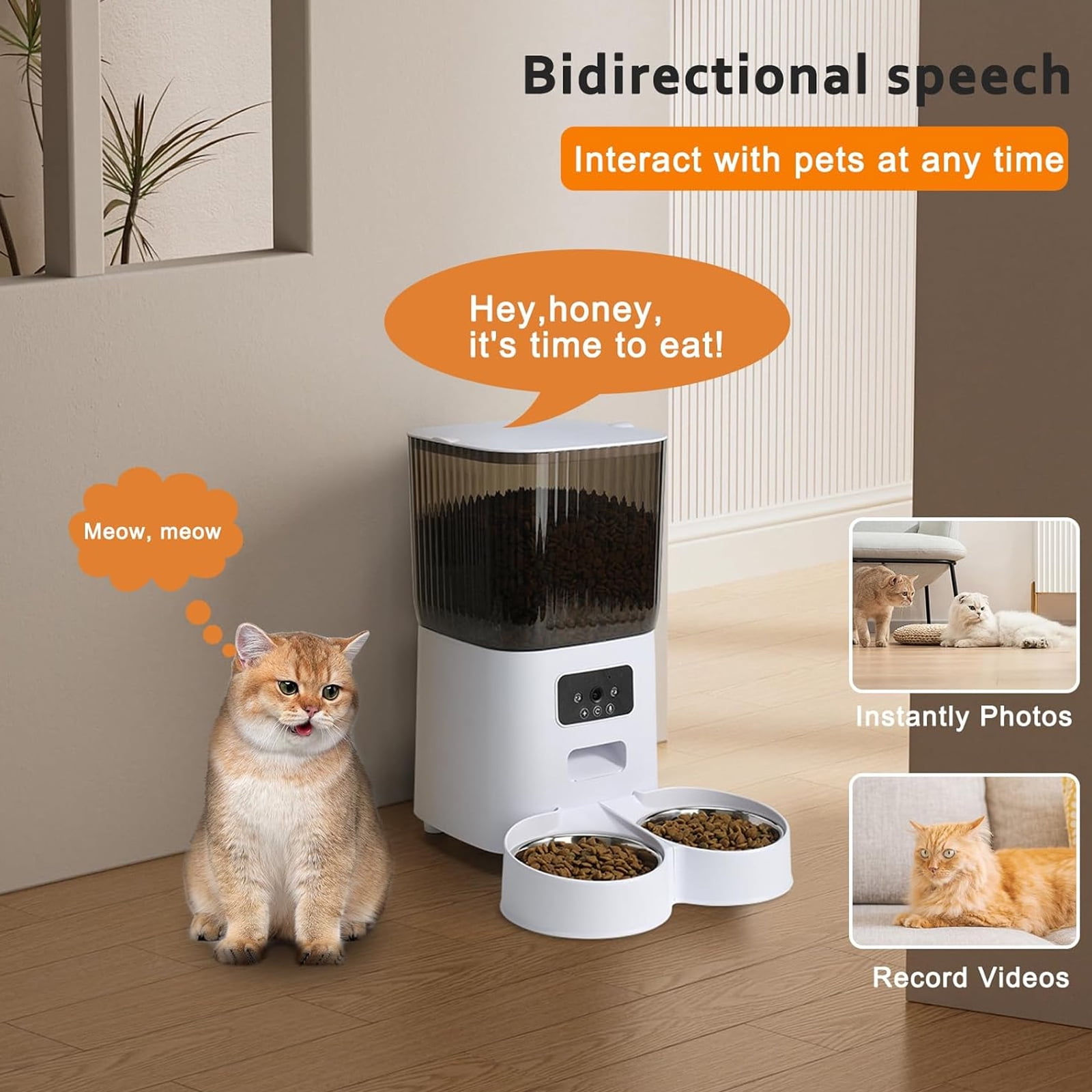 LASIEYO Smart Camera Automatic Cat Feeder for 2 Cats, 5L Food Dispenser with 2 Stainless Steel Bowl, App Control Smart Pet Feeder, for Dual Power Supply, Detachable for Easy Clean