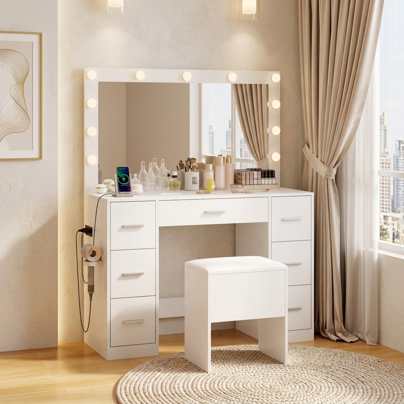 Furnibear 43.5-Inche Vanity Desk with Mirror and Lights for Bedroom for Bedroom Makeup Dressing Room Vanity Desk Mirror Set, White
