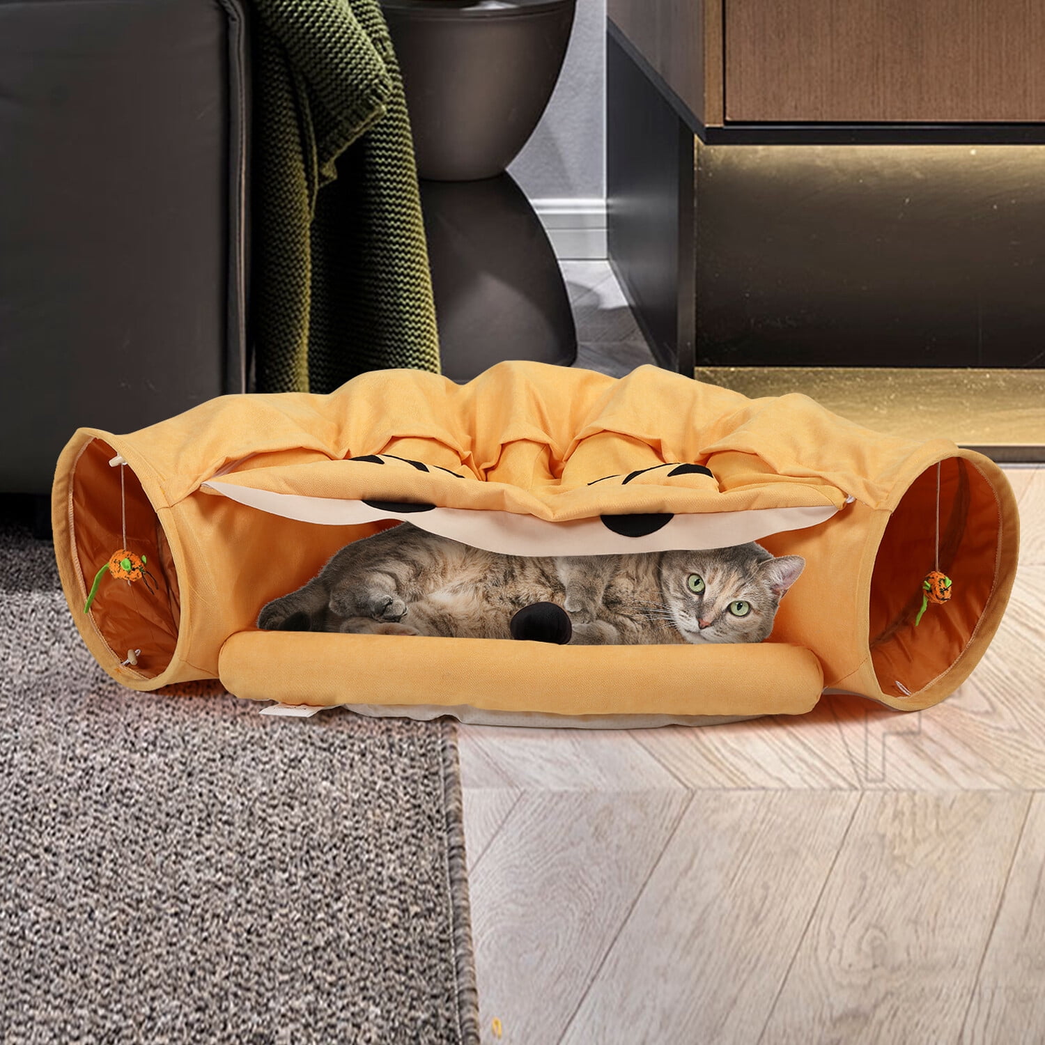 PetPals Khione Cat Tunnel Bed - Collapsible, Shag Fur, With Central Bed & Dangling Toys, Grey