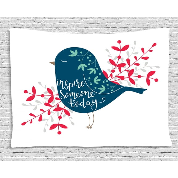 Quote Tapestry, Inspire Someone Today Quote with a Sparrow and Foliage Silhouette, Wall Hanging for Bedroom Living Room Dorm Decor, 80W X 60L Inches, Dark Blue Vermilion Mint Green, by Ambesonne