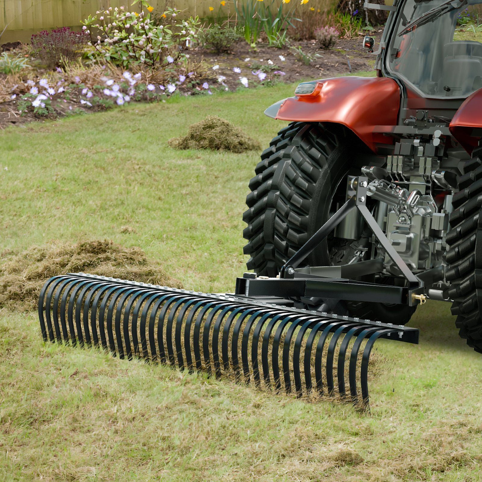 Wide 72-inch Tow Behind Dethatcher Rake, 3-Point Hitch Tractor Attachment with 36 Steel Tines for Grass & Soil