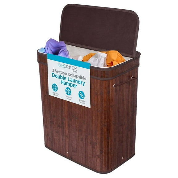 Double Laundry Hamper with Lid and Cloth Liner | Bamboo | Espresso | Easily Transport Laundry Basket | 2 Section Collapsible Hamper | String Handles