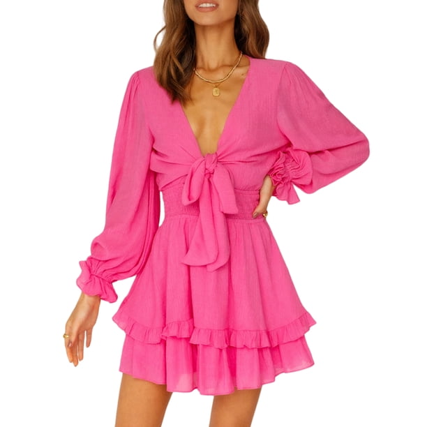 Vestido de manga larga para mujer Escote en V profundo Color liso Vestido de primavera y verano Cintura alta S-3XL Mini vestido de talla grande SAYOO moda
