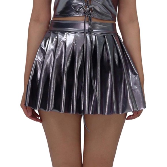 Women’s Fashion Solid Dazzling Pleated Skirt Stage Nightclub High Waist A Line Short Skirt