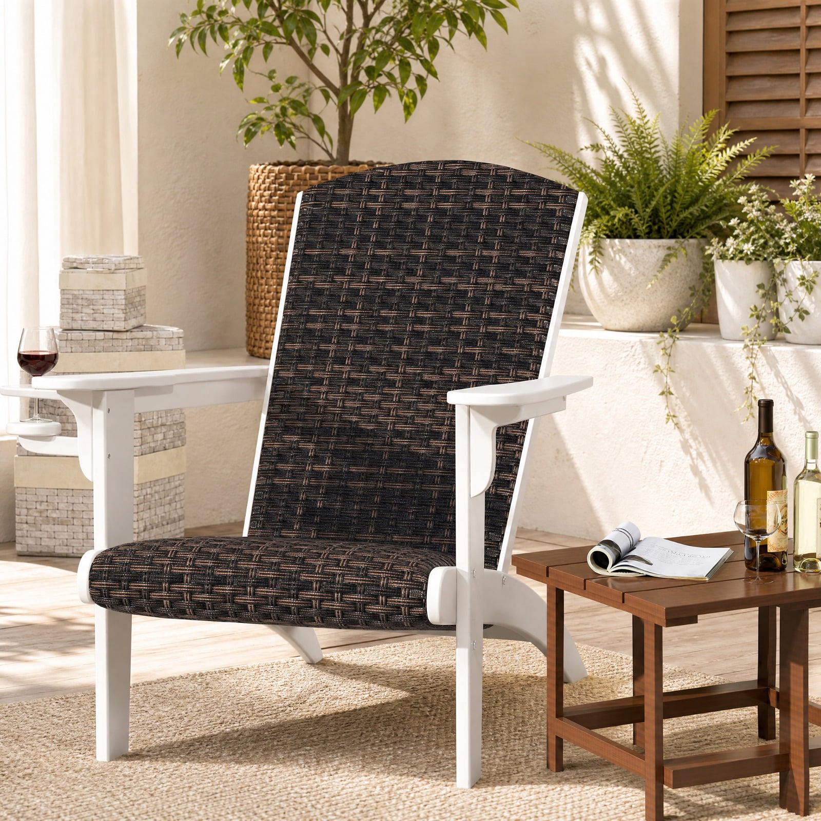 Furnibear Patio Adirondack Chair with Rattan Padded Seat HDPE Frame Wide Armrests and Hidden Cupholder for Backyard and Poolside, White