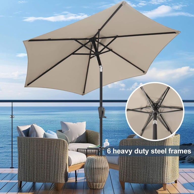 9ft patio umbrella in taupe Market 6 Rib Replacement Canopy Made of solid and durable iron and aluminum parts Living Accents Pagoda 9 ft.