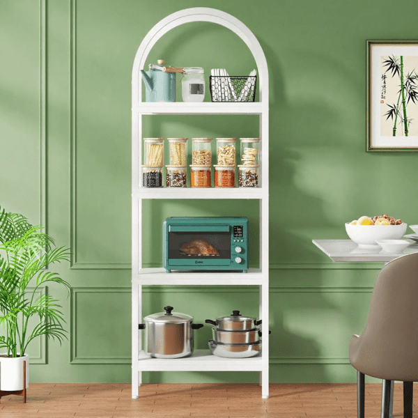 4-Tier Arched Bookshelf,Industrial Farmhouse Style, E1 Particle Board + Metal Frame, 30lbs/Shelf, Multi-Purpose for Home, Office