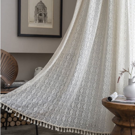 Boho Sheer Lace Curtain Crochet Handmade Macrame Tassel Knitted Window Treatment Drape for Bedroom Living Room Kitchen