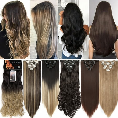 Benehair Clip in Hair Extensions Full Head Long Thick 8 Pieces Hair 18 Clips Curly Wavy Straight Hairpieces 100% Real Natural as Human Best Hair Set 26'' Straight Dark Brown & Ash Blonde