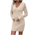 thumbnail image 2 of qolati Women Fall Dresses 2024 Casual V Neck Hollow Out Long Sleeve Mini Dress Knit Warm Bodycon Pullover Tunic Sweater Dress Beige M, 2 of 9