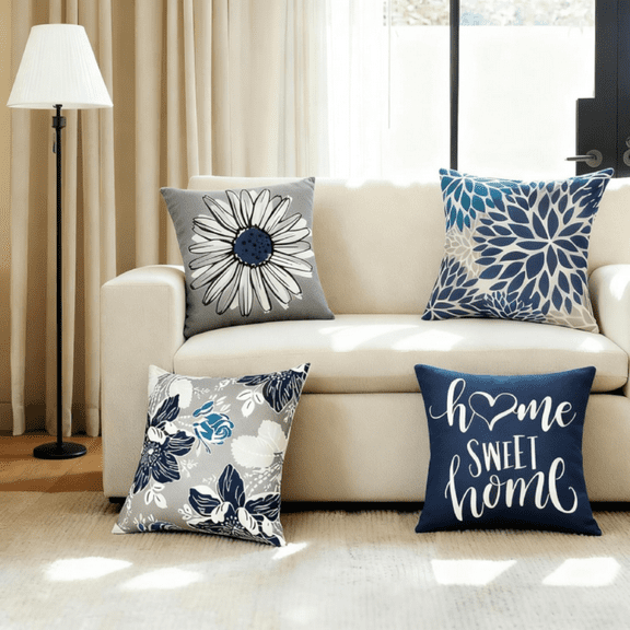 Set of 4 Decorative Cushion Covers 18x18 inch, Waterproof Throw Pillow Covers for Outdoor Patio Garden Living Room Sofa Decor (Blue)